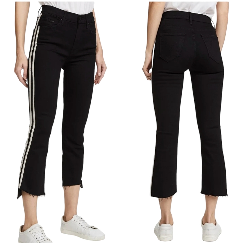 MOTHER The Insider High-Rise Crop Step Fray Black Striped Jeans Guilty Racer 24